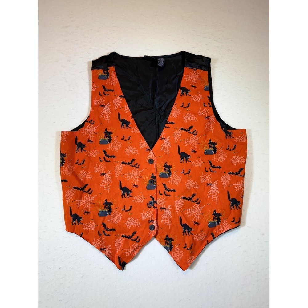 Halloween Orange Black Cat Spiderweb Print Mens Extra Large Vest Vtg Party